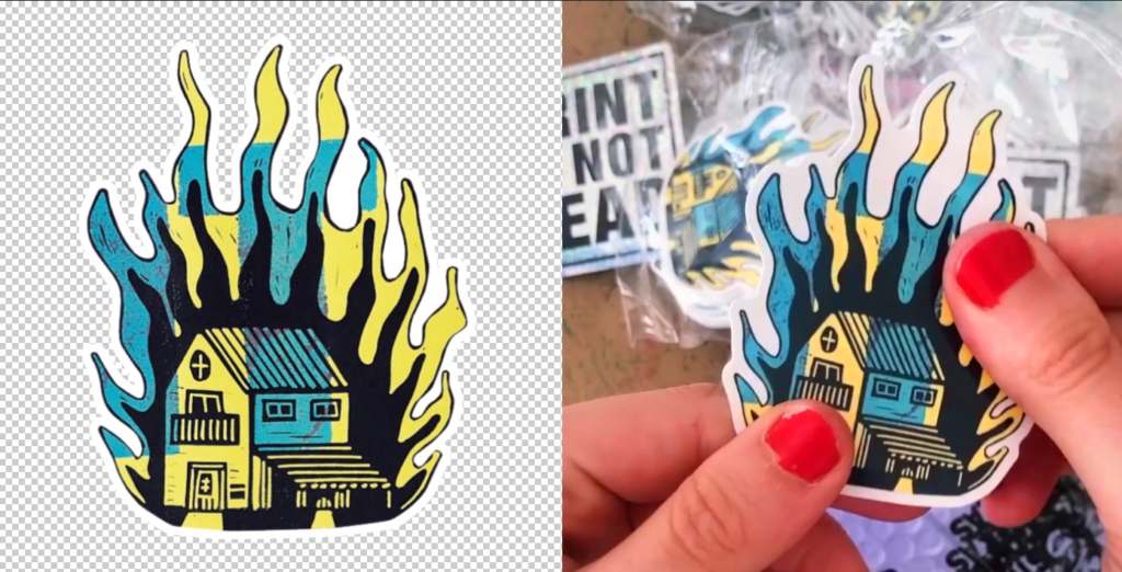 A comparison of a die-cut sticker next to its digital file, showcasing precise and clean cutting around the design. Note: This customer-shot photo may have lighting differences.
