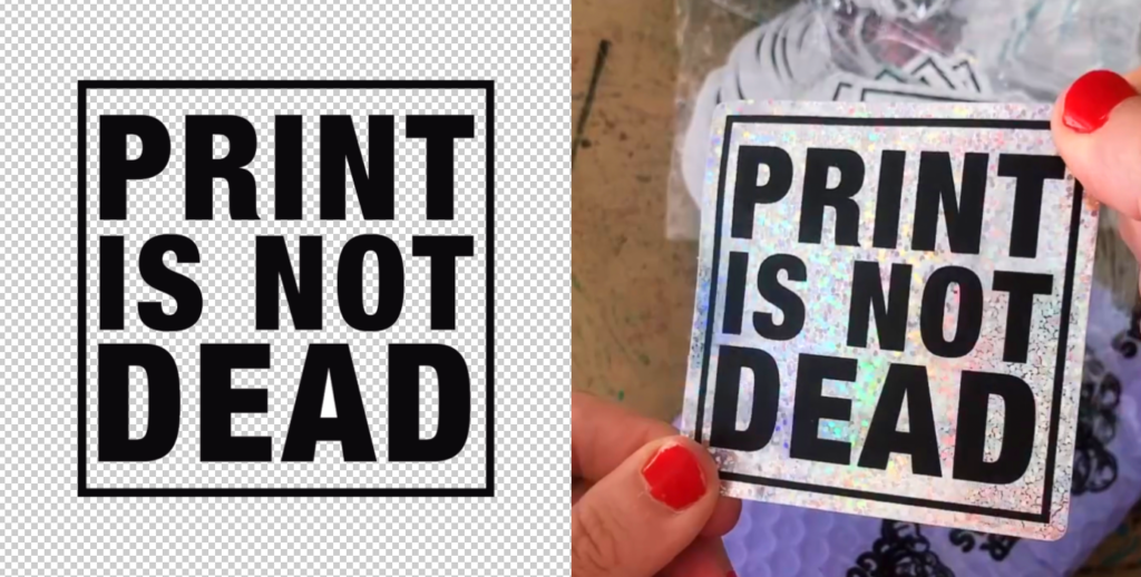 A side-by-side comparison of a digital illustration and its printed sticker version, showing professional color matching. Note: This customer-shot photo may have lighting differences.