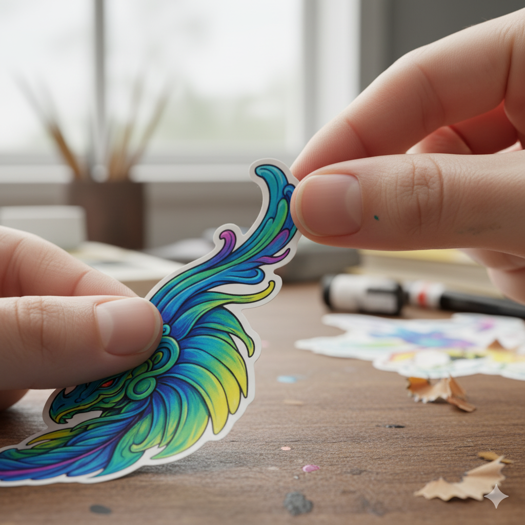 An artist's hand peeling a high-quality custom sticker to place on a laptop or notebook. The image showcases the ease of use and practical application of the stickers.