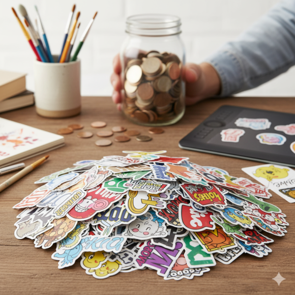 A large pile of diverse custom stickers on a desk with art supplies and a jar of coins in the background. The image represents getting a high quantity of stickers for an affordable price.