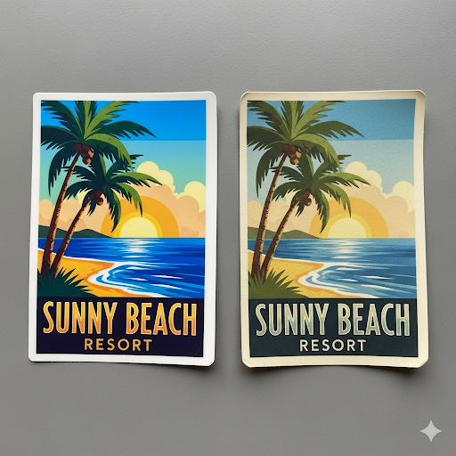 A comparison showing the difference between a high-quality, vibrant vinyl sticker and a cheap, faded sticker, highlighting the durability and color retention of professional-grade materials.